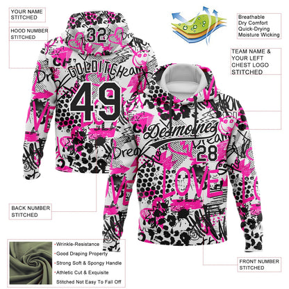 Custom Stitched Graffiti Pattern White-Black 3D Sports Pullover Sweatshirt Hoodie
