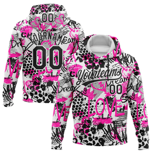 Custom Stitched Graffiti Pattern White-Black 3D Sports Pullover Sweatshirt Hoodie