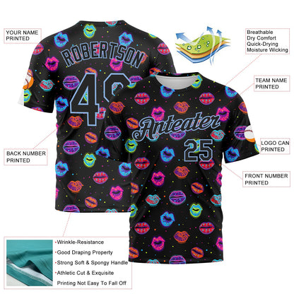 Custom Graffiti Pattern Black-Light Blue 3D Dots And Kiss Lips Performance T-Shirt