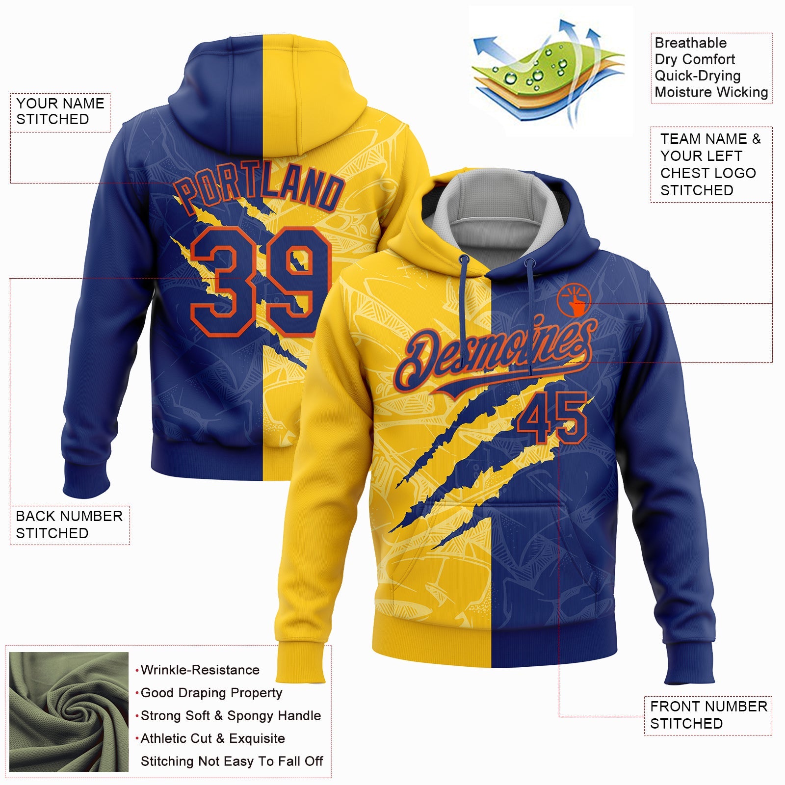 Custom Stitched Graffiti Pattern Royal Yellow-Orange 3D Scratch Sports Pullover Sweatshirt Hoodie