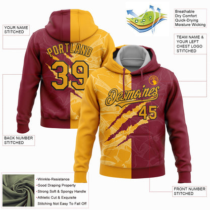 Custom Stitched Graffiti Pattern Gold Crimson-Black 3D Scratch Sports Pullover Sweatshirt Hoodie