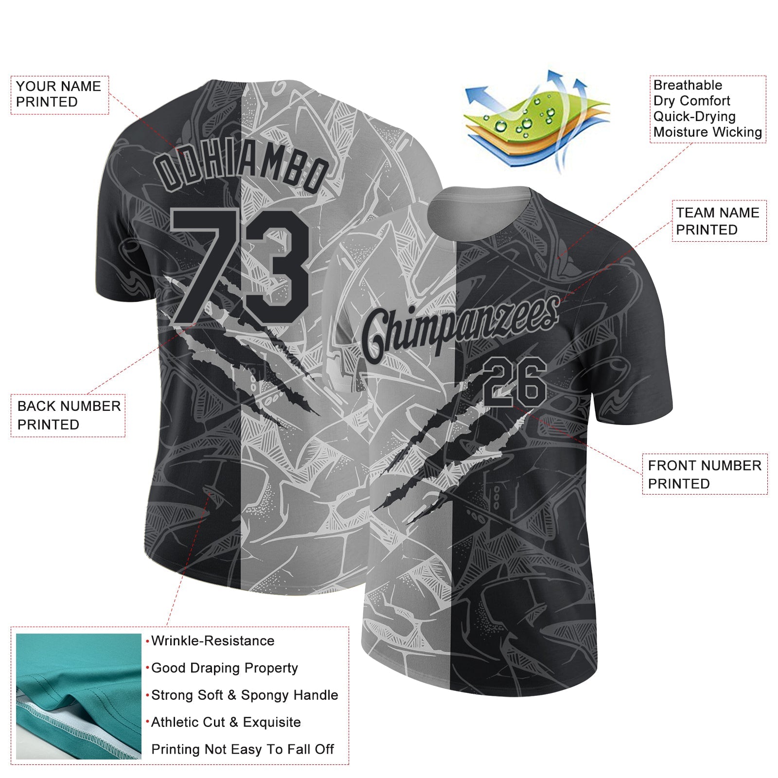 Custom Graffiti Pattern Black-Gray Scratch 3D Performance T-Shirt