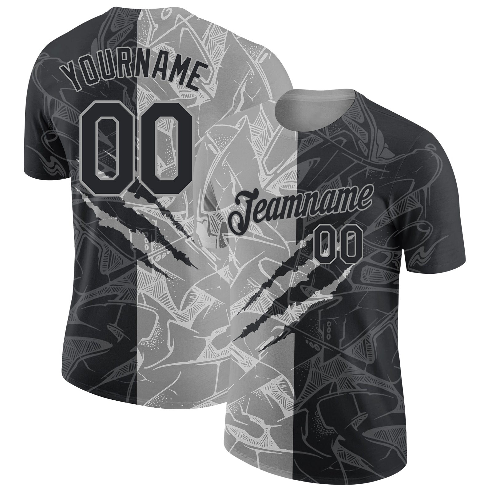 Custom Graffiti Pattern Black-Gray Scratch 3D Performance T-Shirt