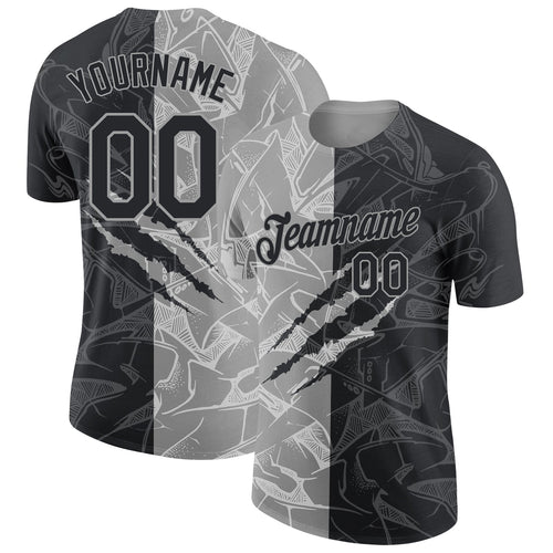 Custom Graffiti Pattern Black-Gray Scratch 3D Performance T-Shirt
