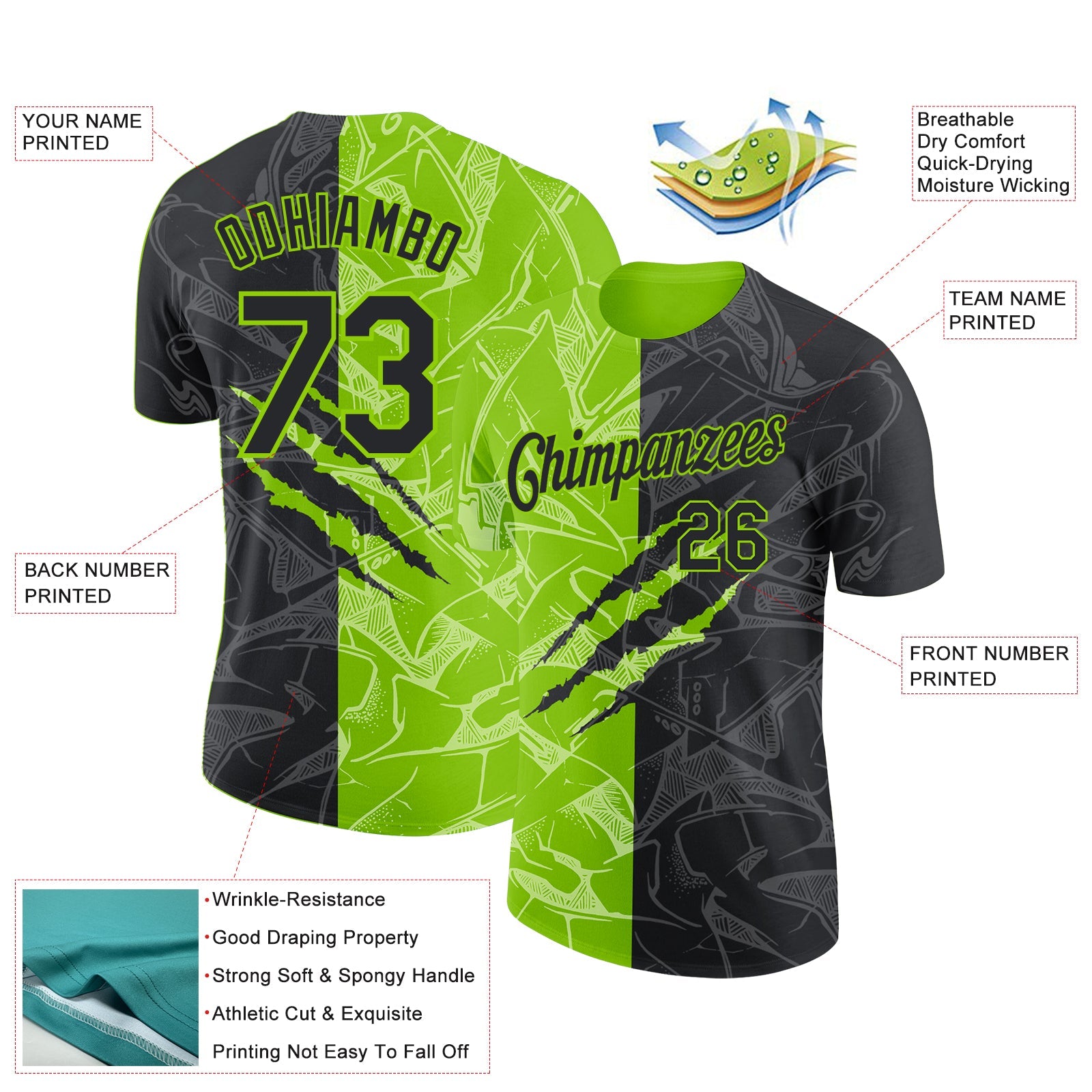 Custom Graffiti Pattern Black-Neon Green Scratch 3D Performance T-Shirt