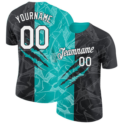 Custom Graffiti Pattern White Black-Aqua Scratch 3D Performance T-Shirt