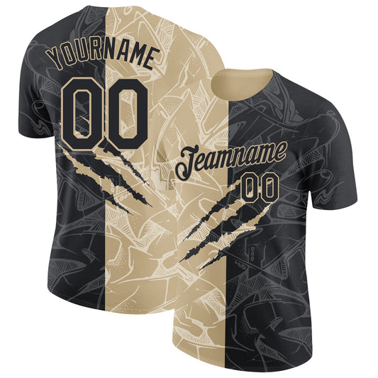 Custom Graffiti Pattern Black-Vegas Gold Scratch 3D Performance T-Shirt
