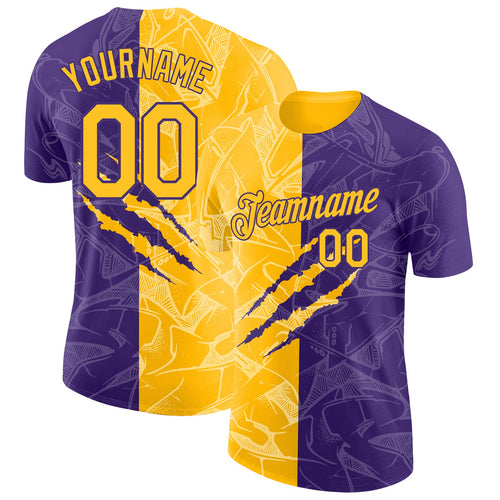 Custom Graffiti Pattern Gold-Purple Scratch 3D Performance T-Shirt
