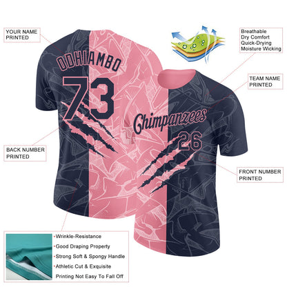 Custom Graffiti Pattern Navy-Medium Pink Scratch 3D Performance T-Shirt