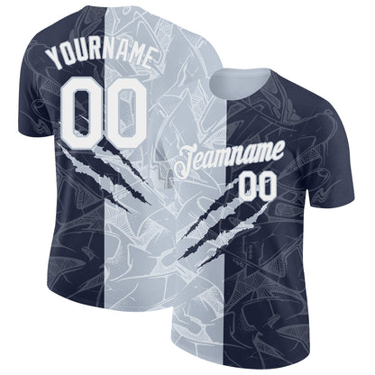 Custom Graffiti Pattern White Navy-Silver Scratch 3D Performance T-Shirt