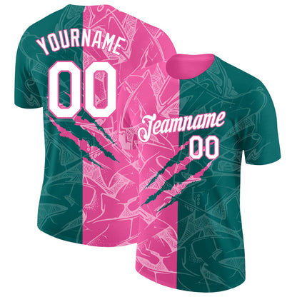 Custom Graffiti Pattern White Teal-Pink Scratch 3D Performance T-Shirt