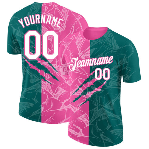 Custom Graffiti Pattern White Teal-Pink Scratch 3D Performance T-Shirt