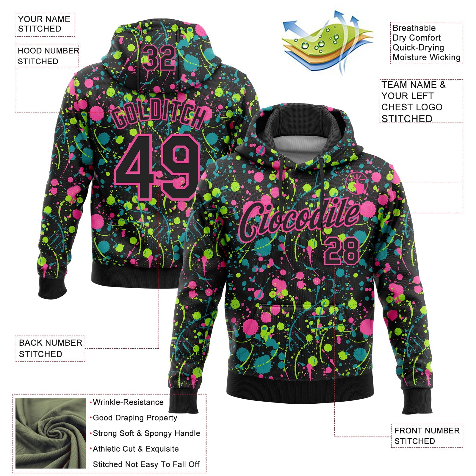 Custom Stitched Graffiti Pattern Black-Pink 3D Splash Grunge Art Sports Pullover Sweatshirt Hoodie