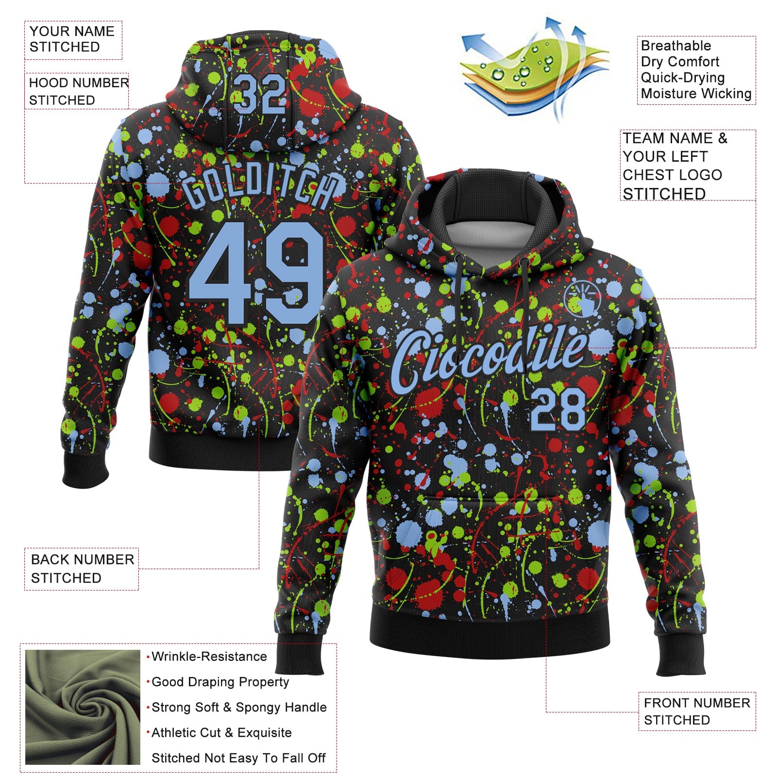Custom Stitched Graffiti Pattern Light Blue-Black 3D Splash Grunge Art Sports Pullover Sweatshirt Hoodie