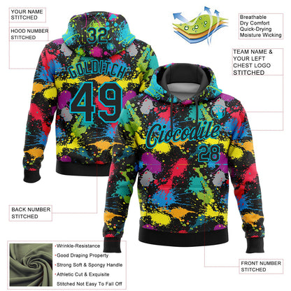 Custom Stitched Graffiti Pattern Black-Lakes Blue 3D Splash Grunge Art Sports Pullover Sweatshirt Hoodie