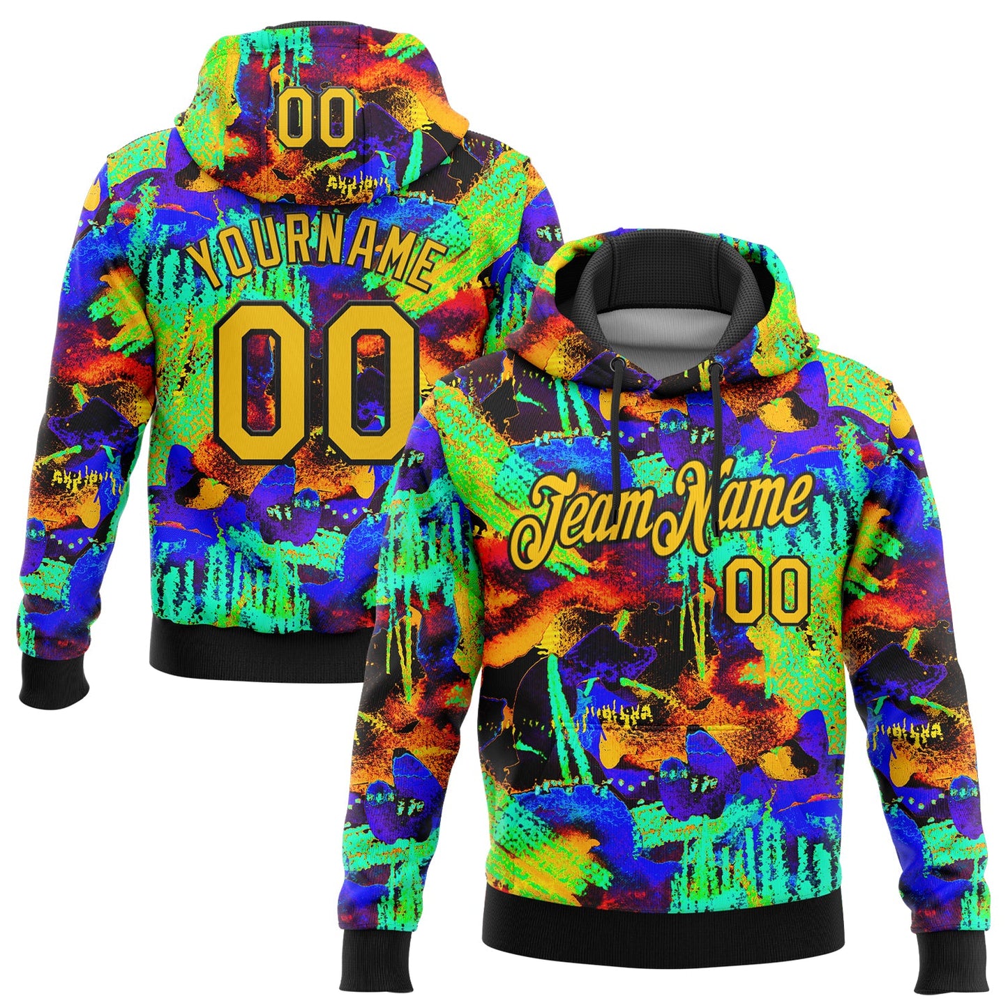 Custom Stitched Graffiti Pattern Yellow-Black 3D Watercolor Grunge Art Sports Pullover Sweatshirt Hoodie