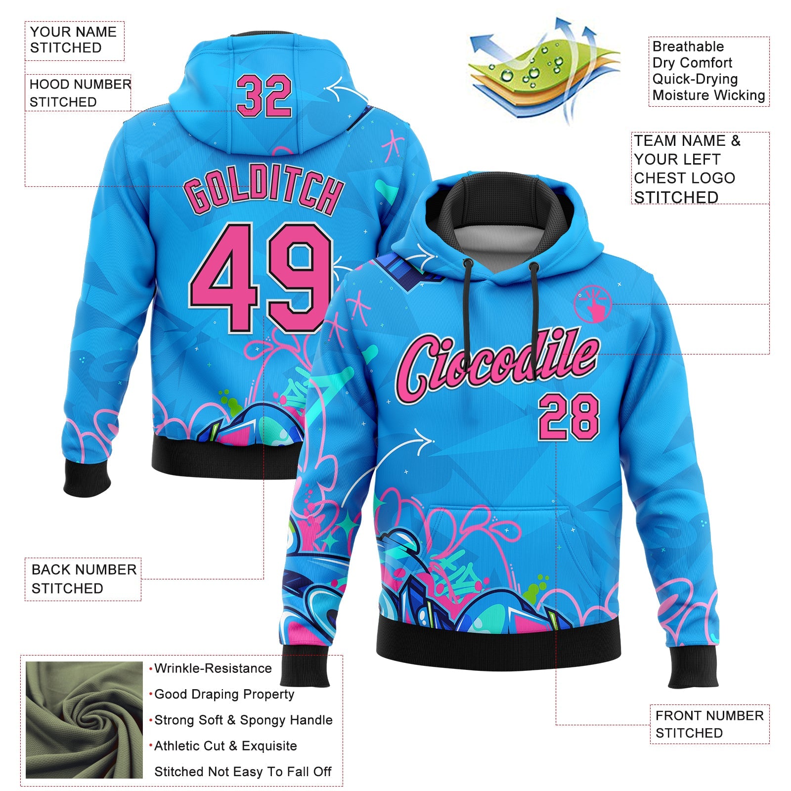 Custom Stitched Graffiti Pattern Pink Black-White 3D Hiphop Abstract Urban Street Art Sports Pullover Sweatshirt Hoodie
