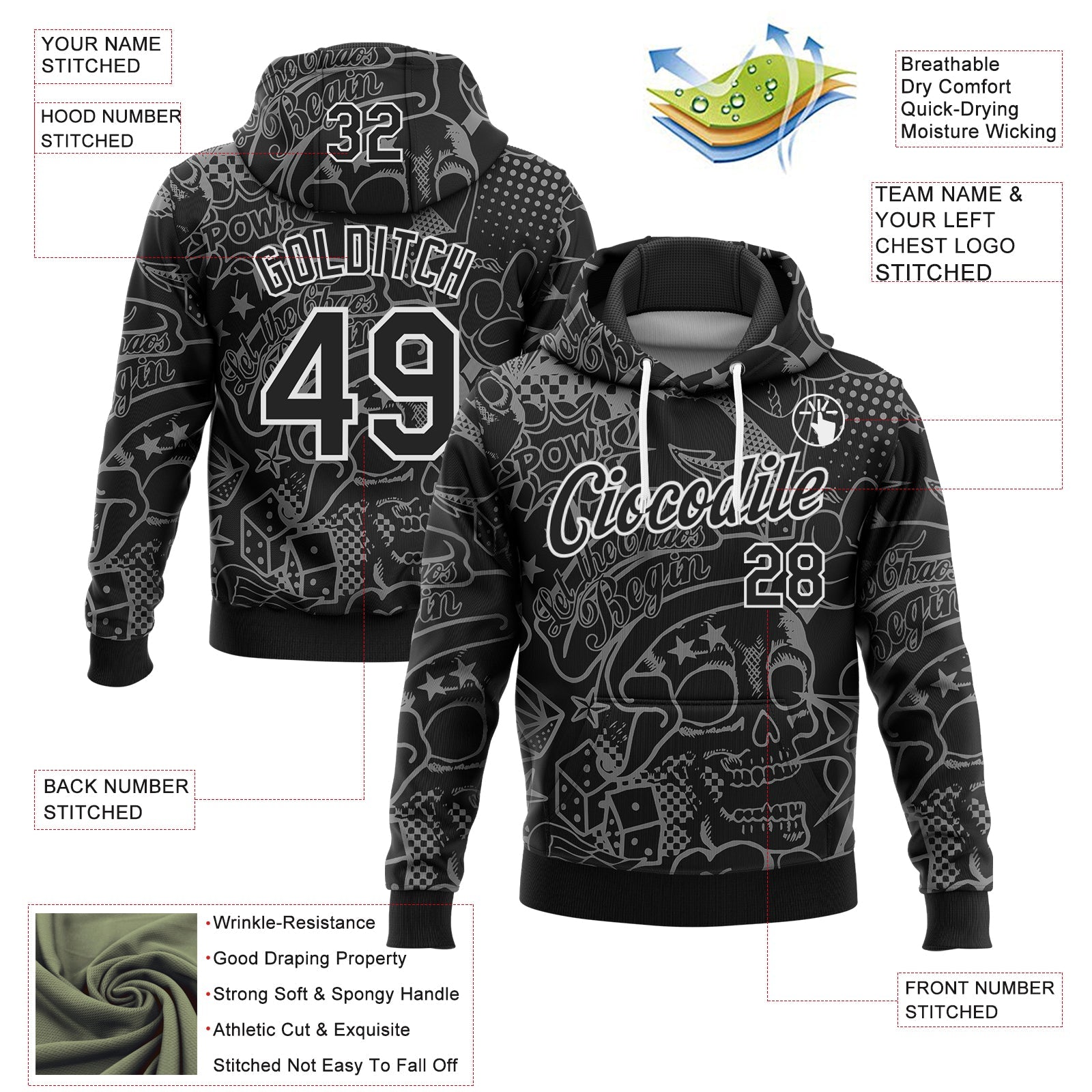 Custom Stitched Graffiti Pattern Black-White 3D Skull Fashion Sports Pullover Sweatshirt Hoodie