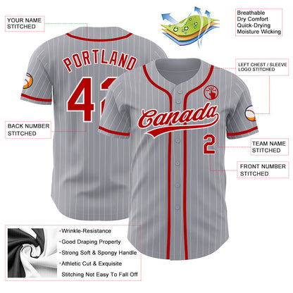 Custom Gray White Pinstripe Red Authentic Baseball Jersey