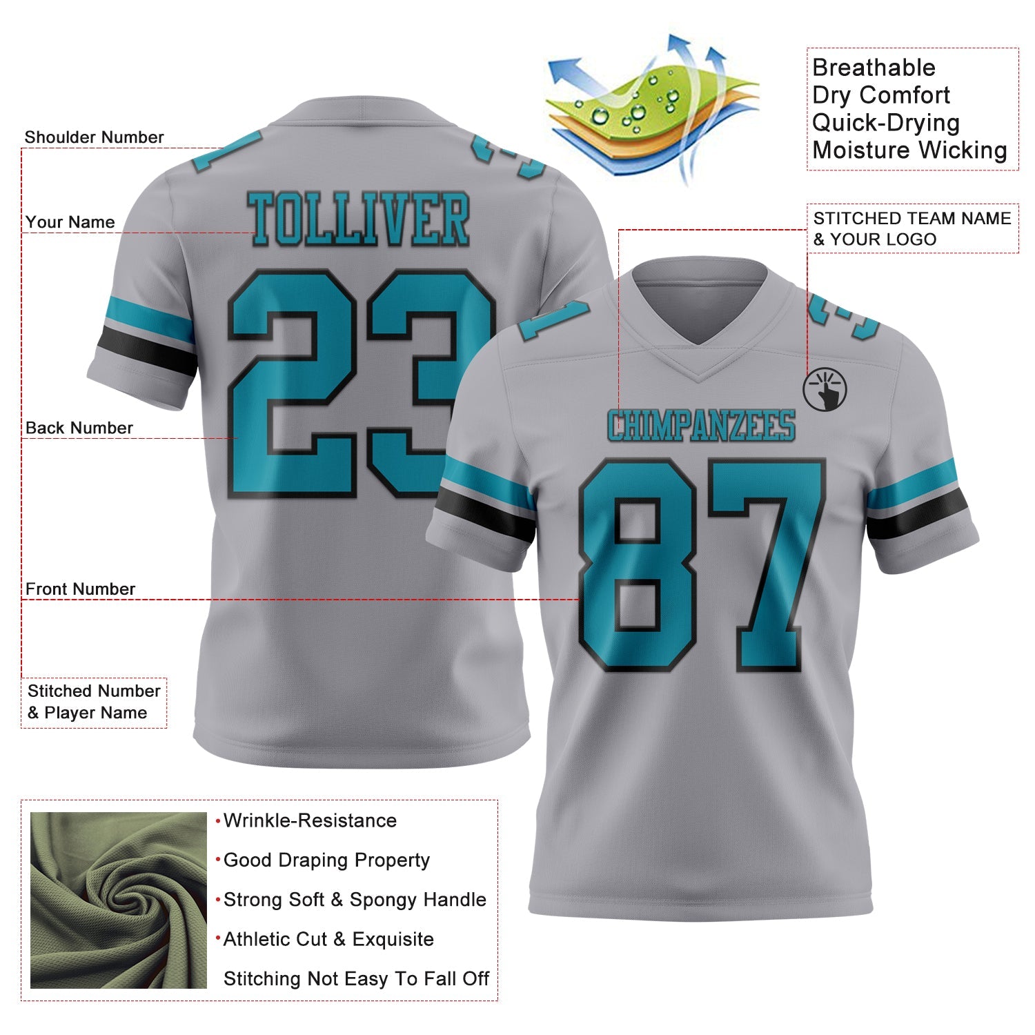 Custom Gray Teal-Black Authentic Football Jersey