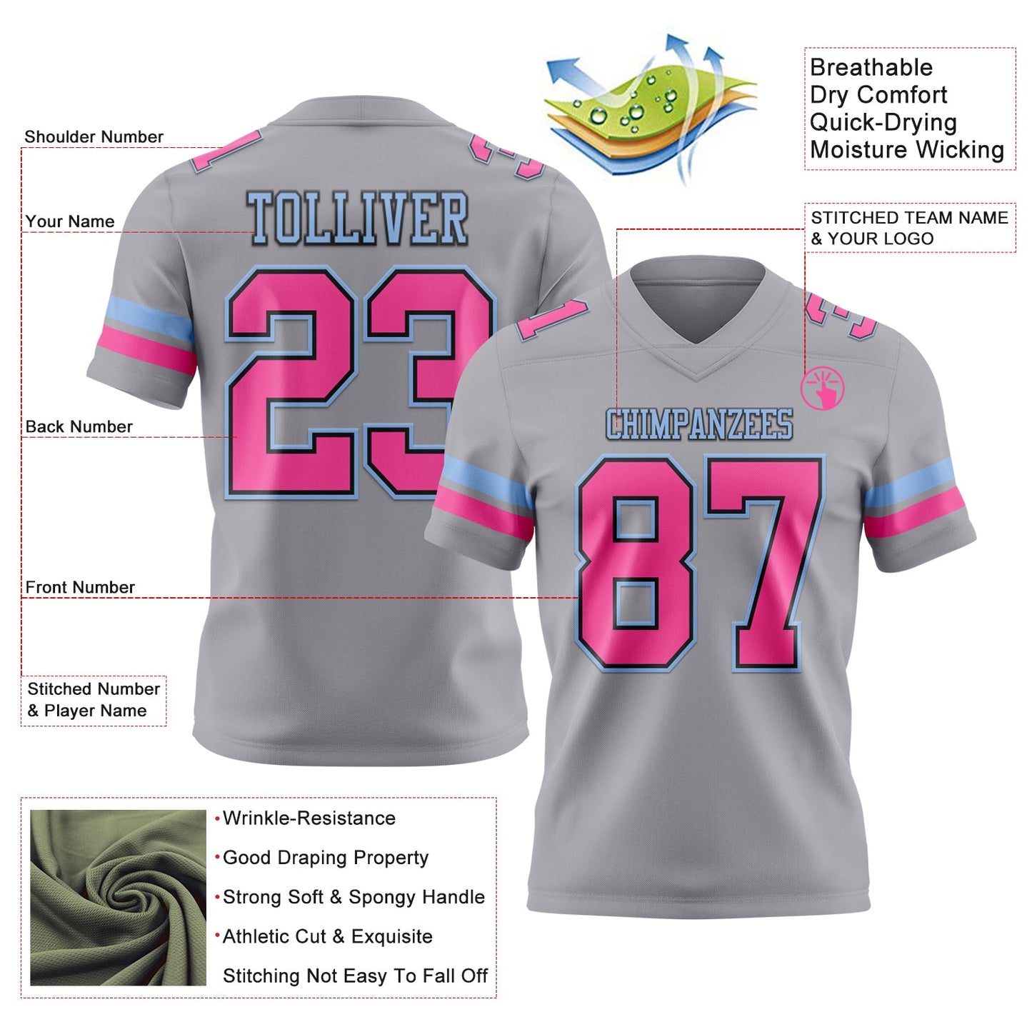 Custom Gray Pink Black-Light Blue Authentic Football Jersey