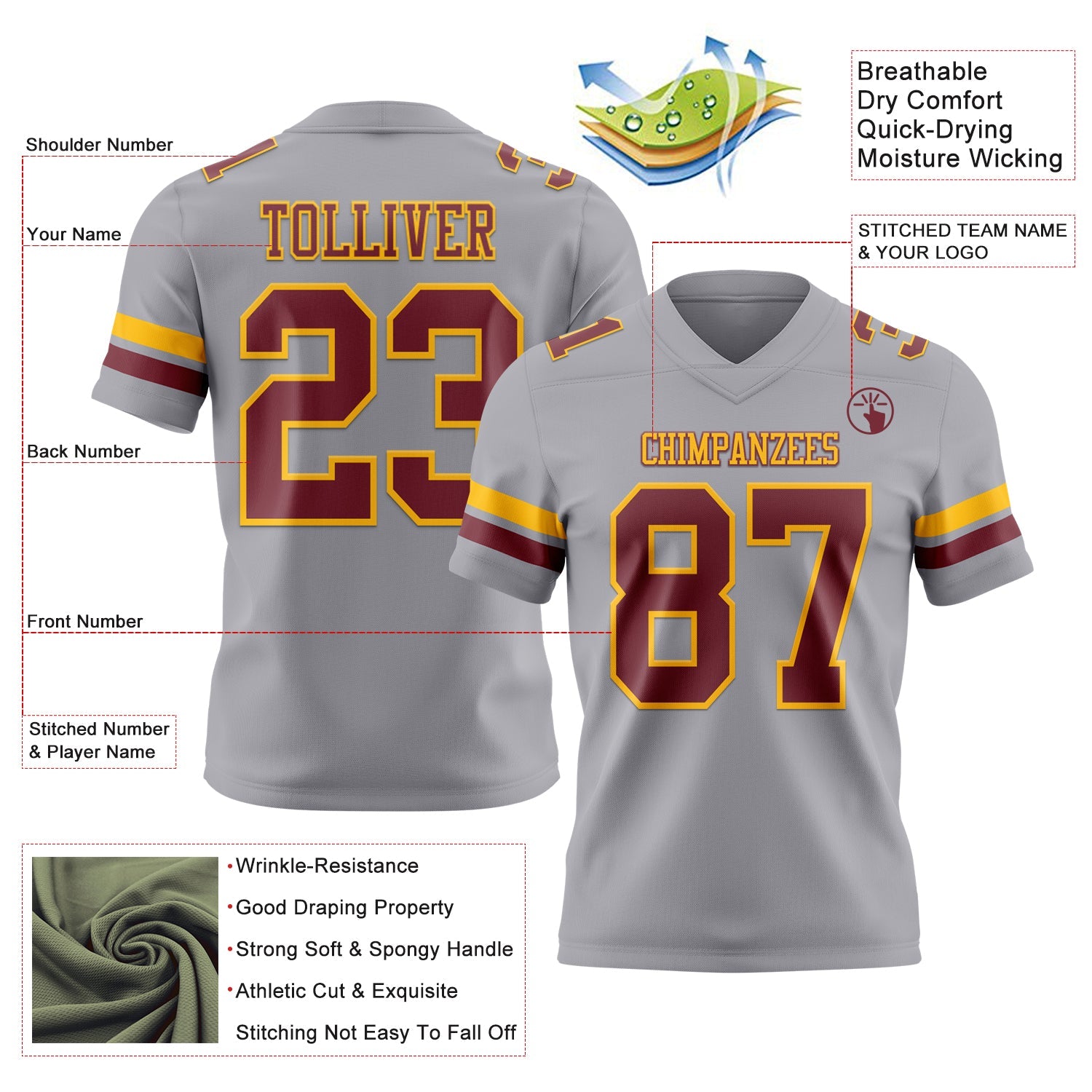 Custom Gray Burgundy-Gold Authentic Football Jersey