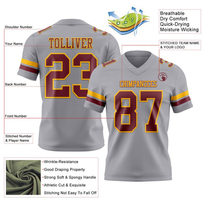 Custom Gray Burgundy-Gold Authentic Football Jersey