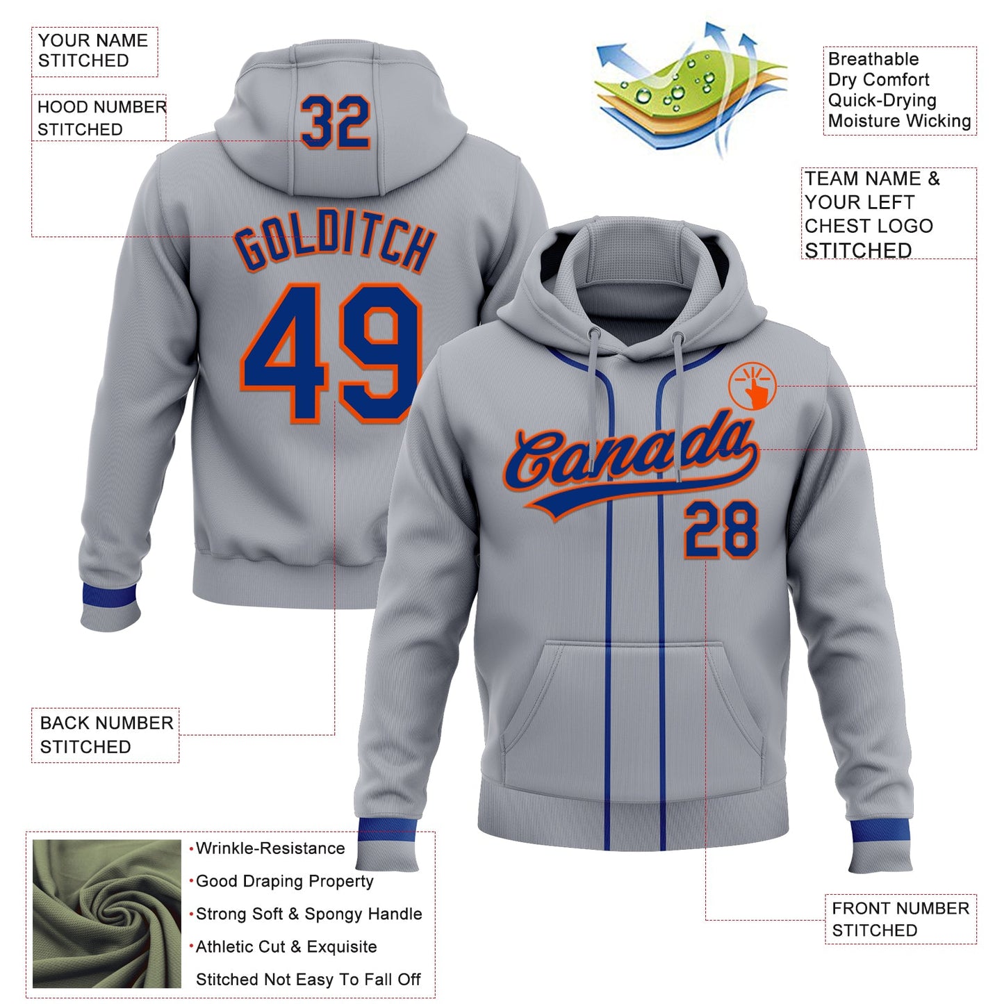 Custom Stitched Gray Royal-Orange Baseball Pullover Sweatshirt Hoodie