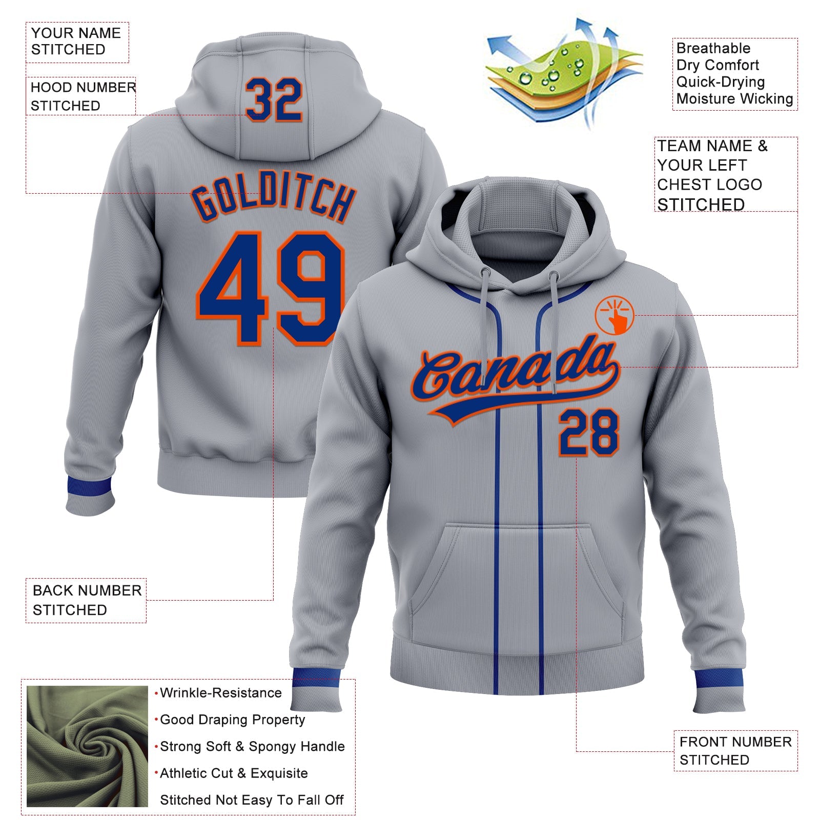Custom Stitched Gray Royal-Orange Baseball Pullover Sweatshirt Hoodie
