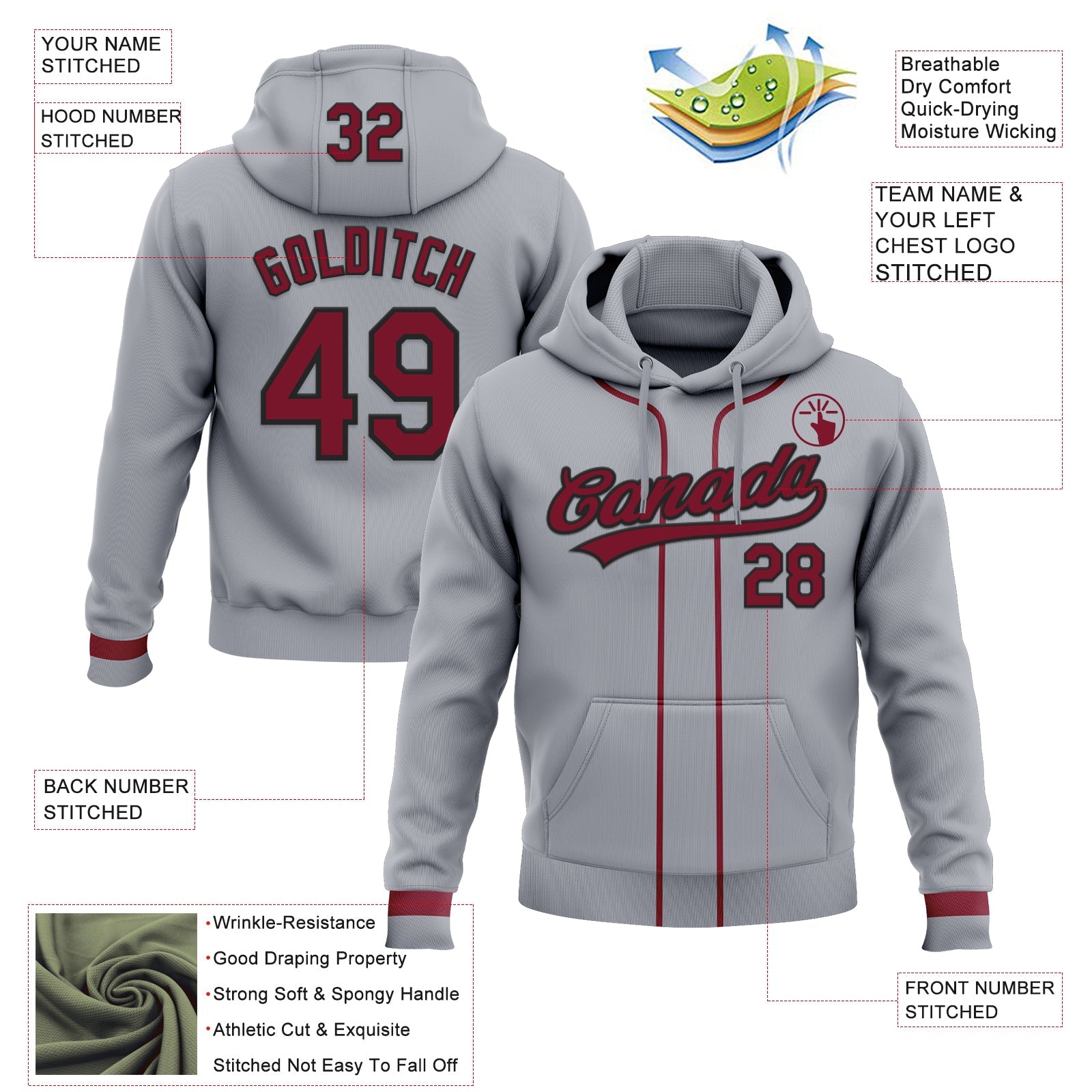 Custom Stitched Gray Crimson-Black Baseball Pullover Sweatshirt Hoodie