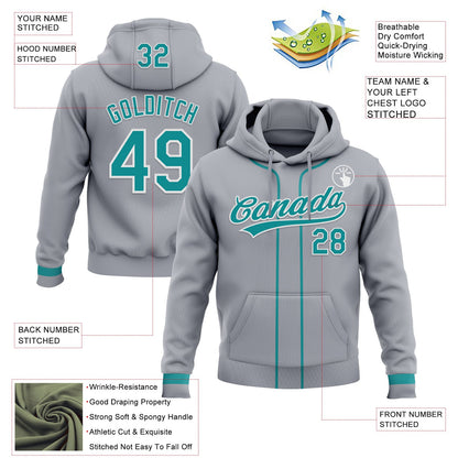Custom Stitched Gray Teal-White Baseball Pullover Sweatshirt Hoodie