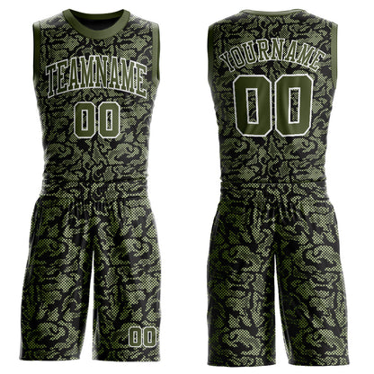 Custom Green Olive-Black Round Neck Sublimation Basketball Uniform Jersey