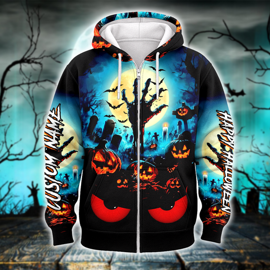 Personalized Halloween Hoodie – Scary Pumpkin Graveyard Full Moon Zip Up, Custom Choo