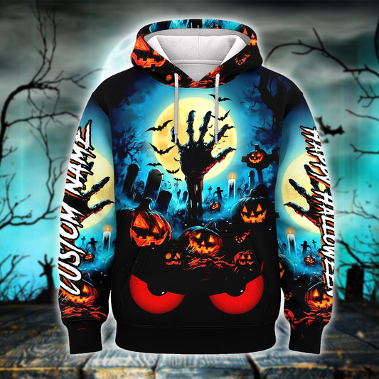 Personalized Halloween Hoodie – Scary Pumpkin Graveyard Full Moon Zip Up, Custom Choo