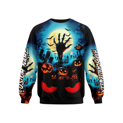 Personalized Halloween Hoodie – Scary Pumpkin Graveyard Full Moon Zip Up, Custom Choo