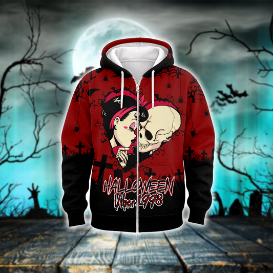Halloween Couple Hoodie – Gothic Skull & Girl Love – Spooky Vibes Zip Up Hoodie, Custom Choo
