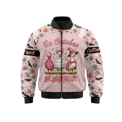 In October We Wear Pink Goose Hoodie – Breast Cancer Awareness Halloween Zip Up, Custom Choo