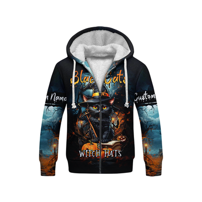 Black Cats & Witch Hats Hoodie – Personalized Halloween Cat Zip Up Jacket, Custom Choo