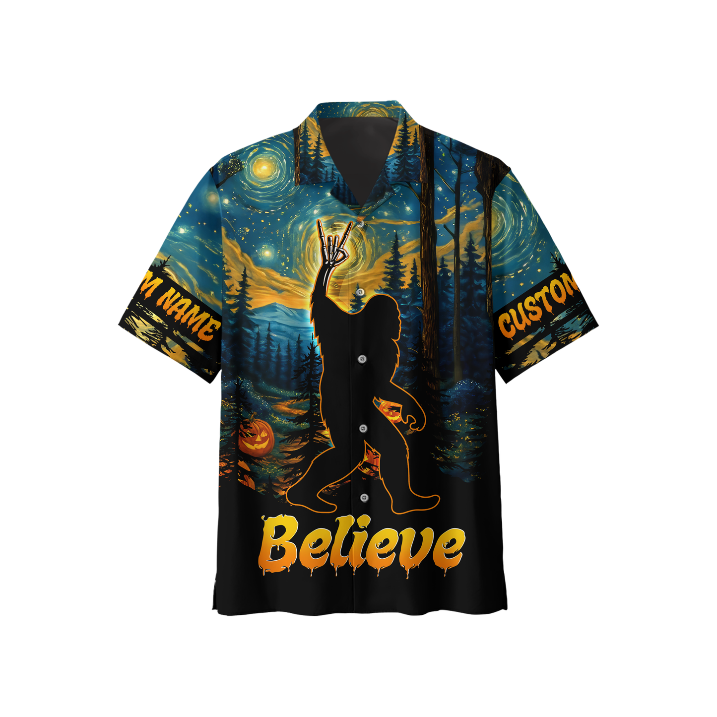 Personalized Bigfoot Believe Halloween Starry Forest Shirt, Custom Choo