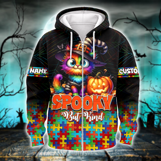 Spooky But Kind Hoodie – Autism Awareness Halloween Cat Zip Up, Custom Name, Custom Choo