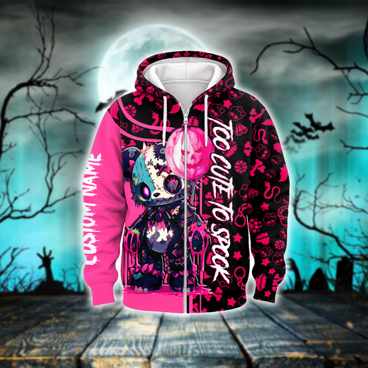 Custom Name Halloween Hoodie – Cute Scary Teddy Bear Pink Black Outfit, Custom Choo