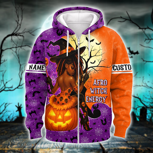 Custom Name Halloween Hoodie – Afro Witch Energy Pumpkin Witch Outfit, Custom Choo