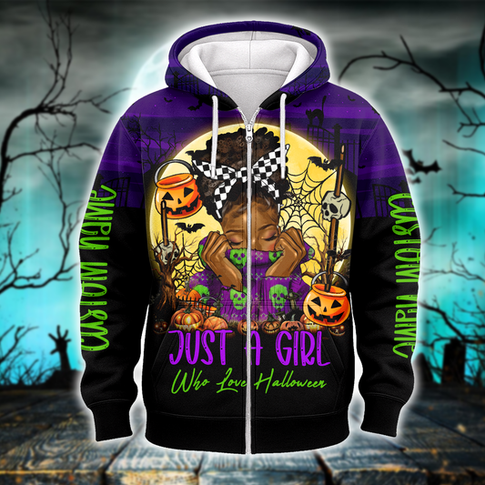 Just A Girl Who Loves Halloween Hoodie – Personalized Name Zip Up Jacket, Custom Choo