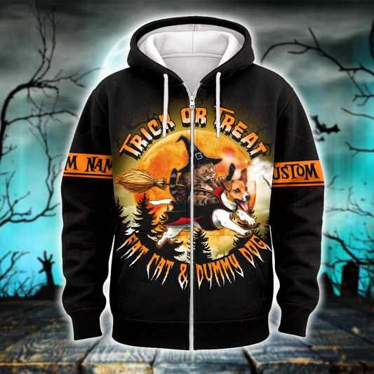 Trick or Treat Hoodie – Fat Cat & Dummy Dog Halloween Zip Up, Custom Name Gift, Custom Choo