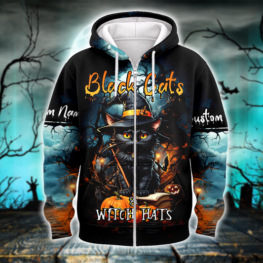 Black Cats & Witch Hats Hoodie – Personalized Halloween Cat Zip Up Jacket, Custom Choo