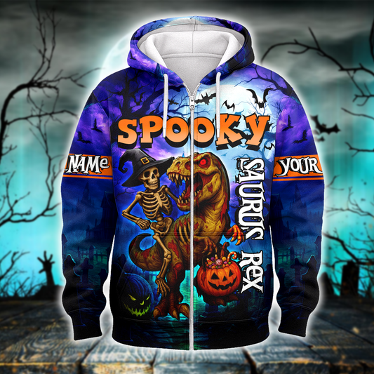 Spooky Saurus Rex Hoodie – Halloween Dinosaur & Skeleton Zip Up, Custom Name Gift, Custom Choo