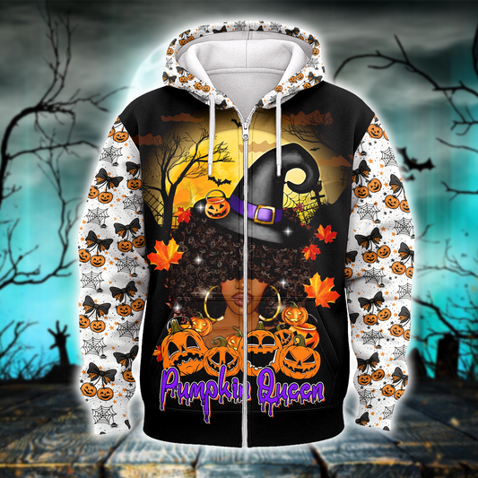 Pumpkin Queen Hoodie – Halloween Witch Girl Zip Up Jacket with Pumpkin Design, Custom Choo