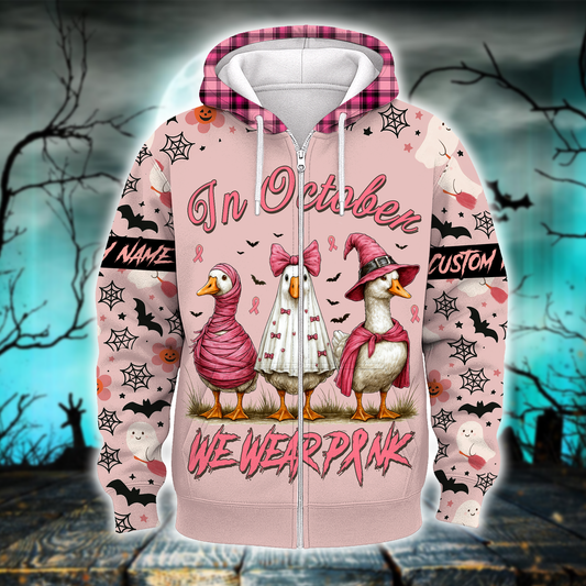 In October We Wear Pink Goose Hoodie – Breast Cancer Awareness Halloween Zip Up, Custom Choo