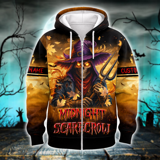 Personalized Midnight Scarecrow Hoodie – Creepy Pumpkin Halloween Outfit, Custom Choo