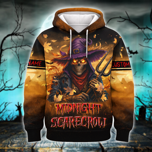Personalized Midnight Scarecrow Hoodie – Creepy Pumpkin Halloween Outfit, Custom Choo